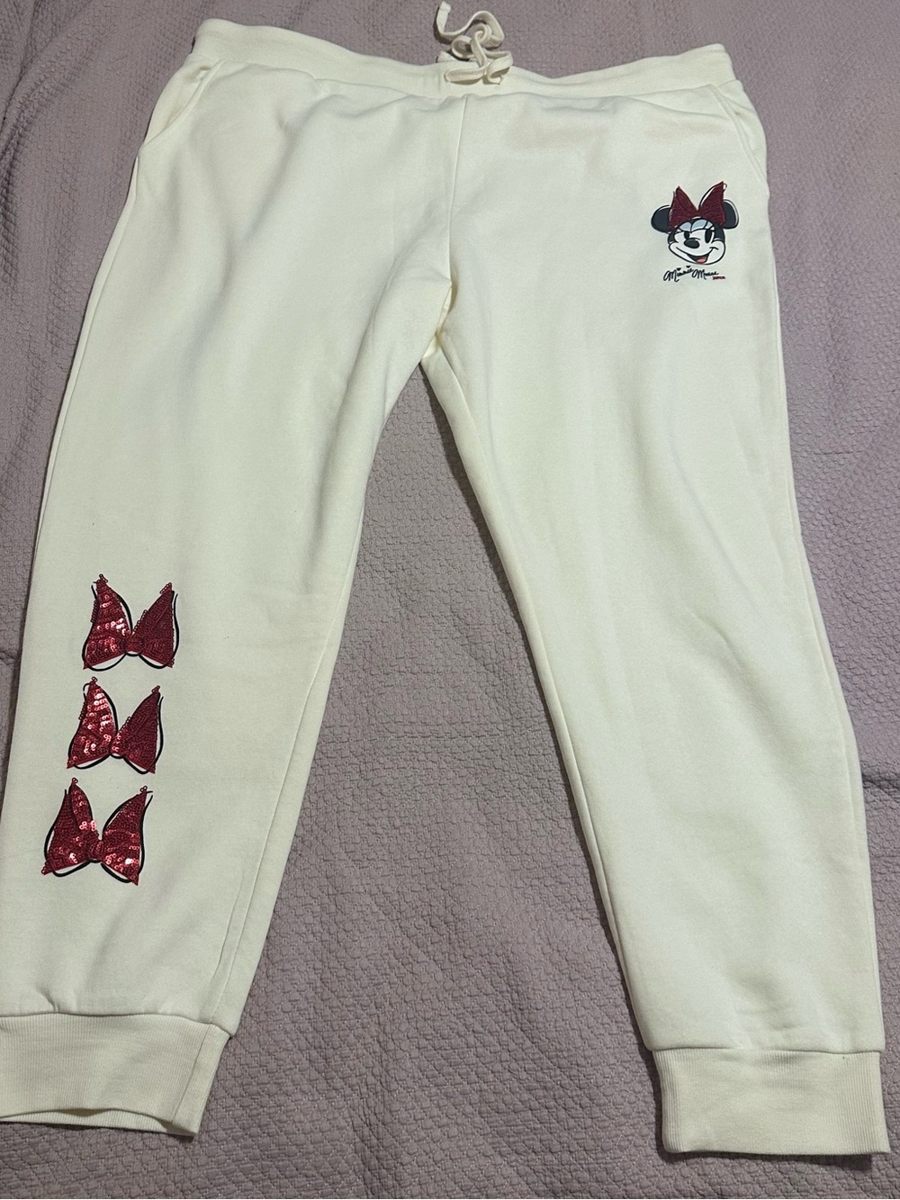 Disney Cream Cropped Sweatpants with Red Sequin Minnie Bows plus size 2x